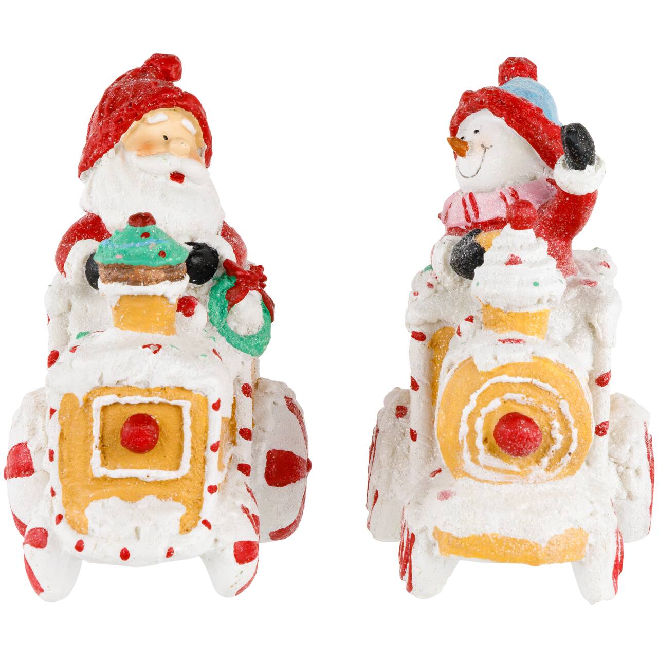 6.75" Santa & Snowman on Gingerbread Trains Christmas Figure Set